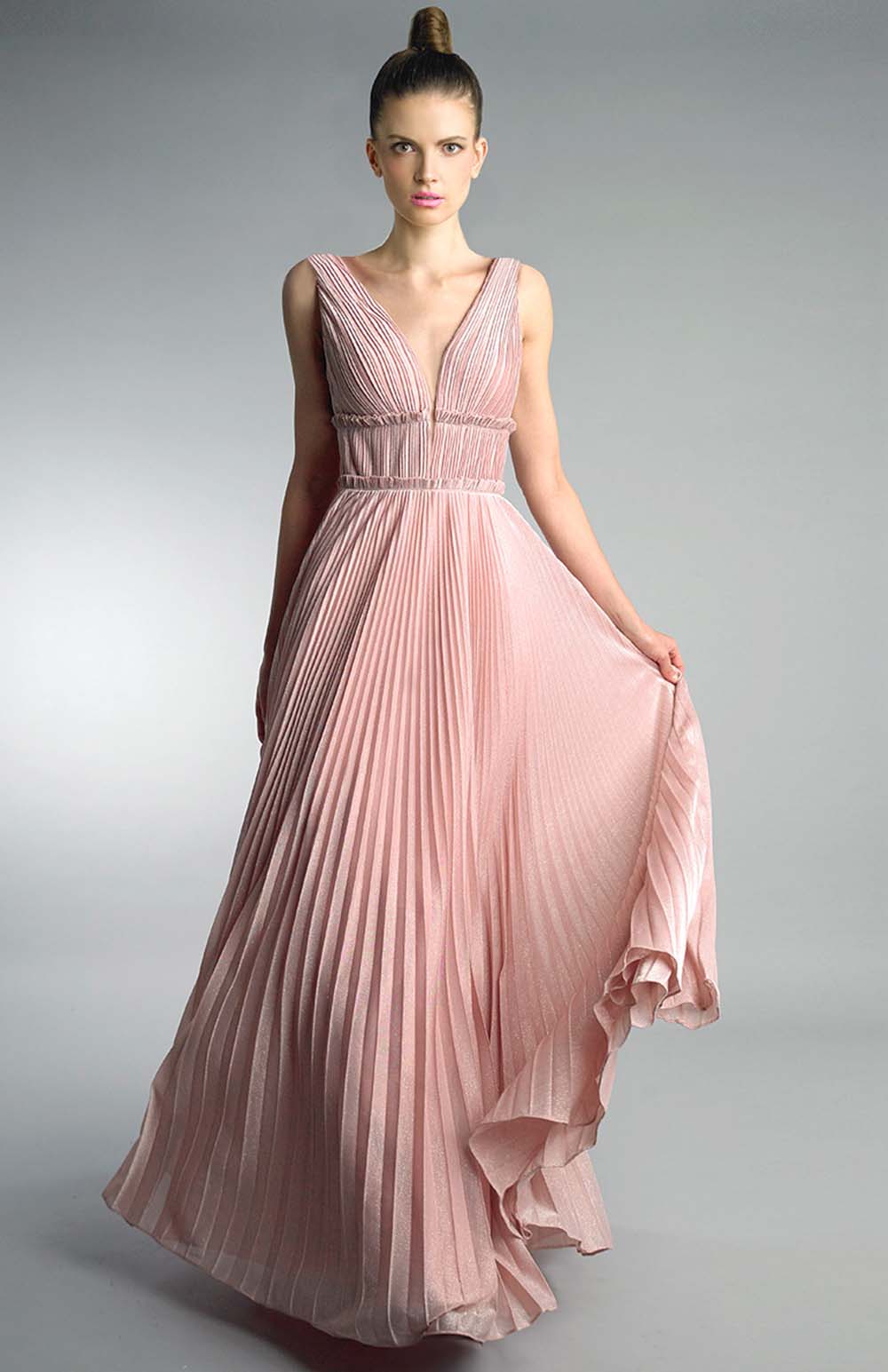 MY BEST LOOK AÇIK PEMBE DERİN V YAKA DEKOLTELİ PİLİSELİ ELBİSE